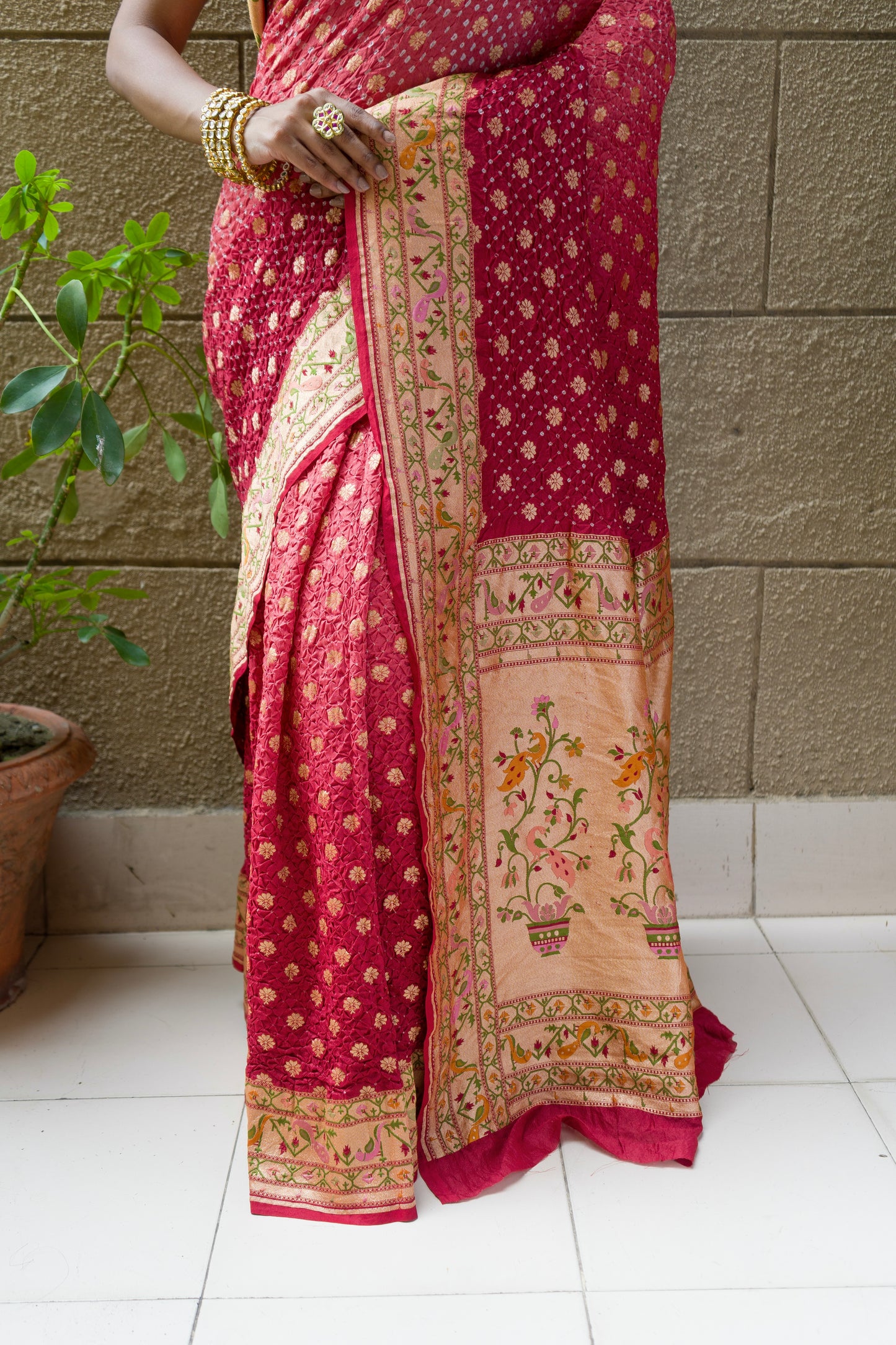 Tusser Paithani Bandhej Brick Red Saree