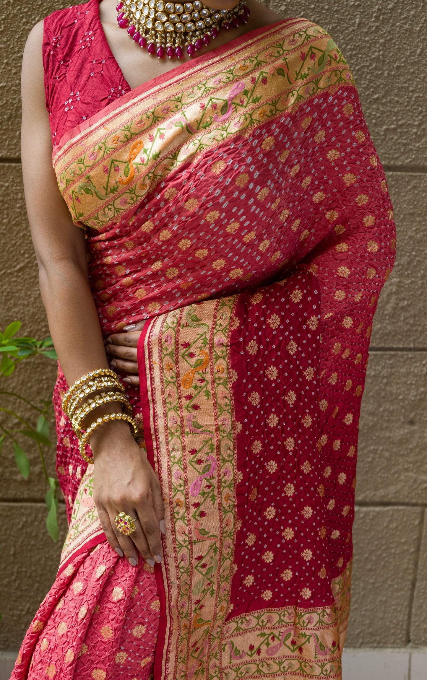 Tusser Paithani Bandhej Brick Red Saree