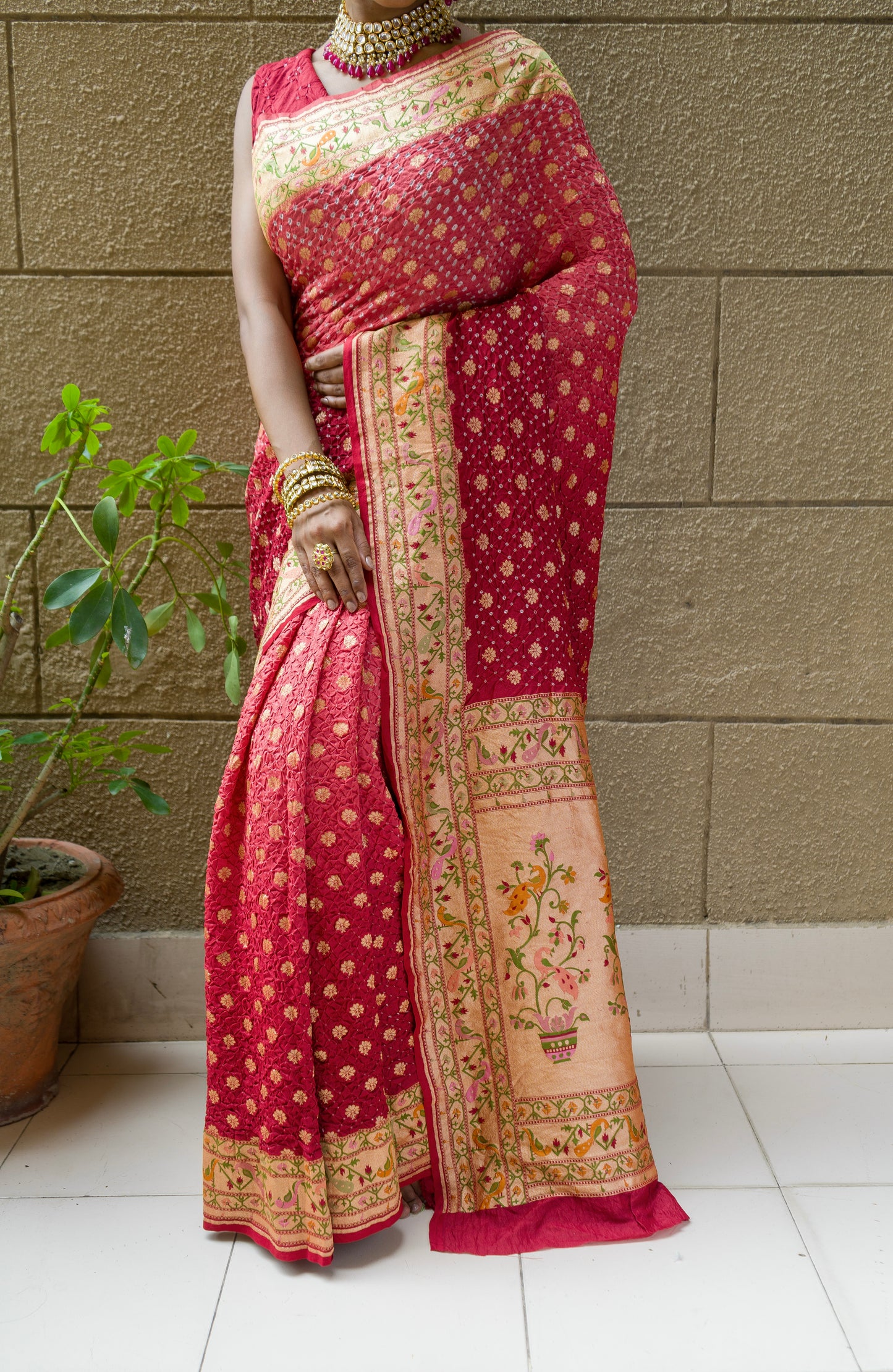 Tusser Paithani Bandhej Brick Red Saree
