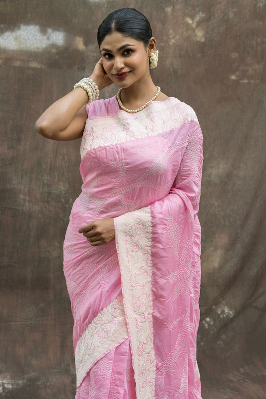 Katan Parsi Pastel Pink Bandhej Saree