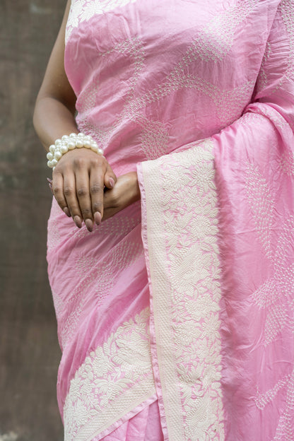 Katan Parsi Pastel Pink Bandhej Saree