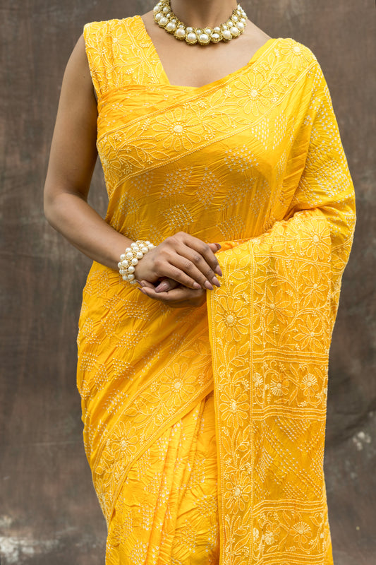 Tussar Lucknowi Rai-dana Yellow Bandhej Saree