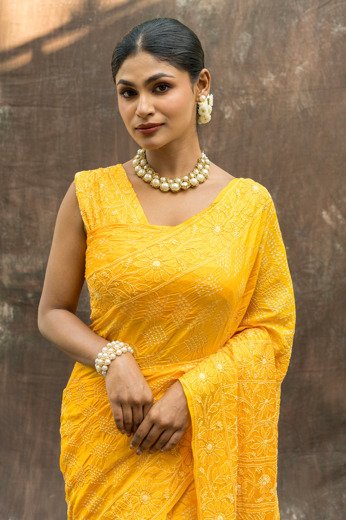 Tussar Lucknowi Rai-dana Yellow Bandhej Saree