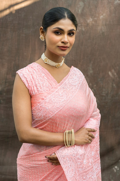 Tussar Lucknowi Pastel Pink Bandhej Saree