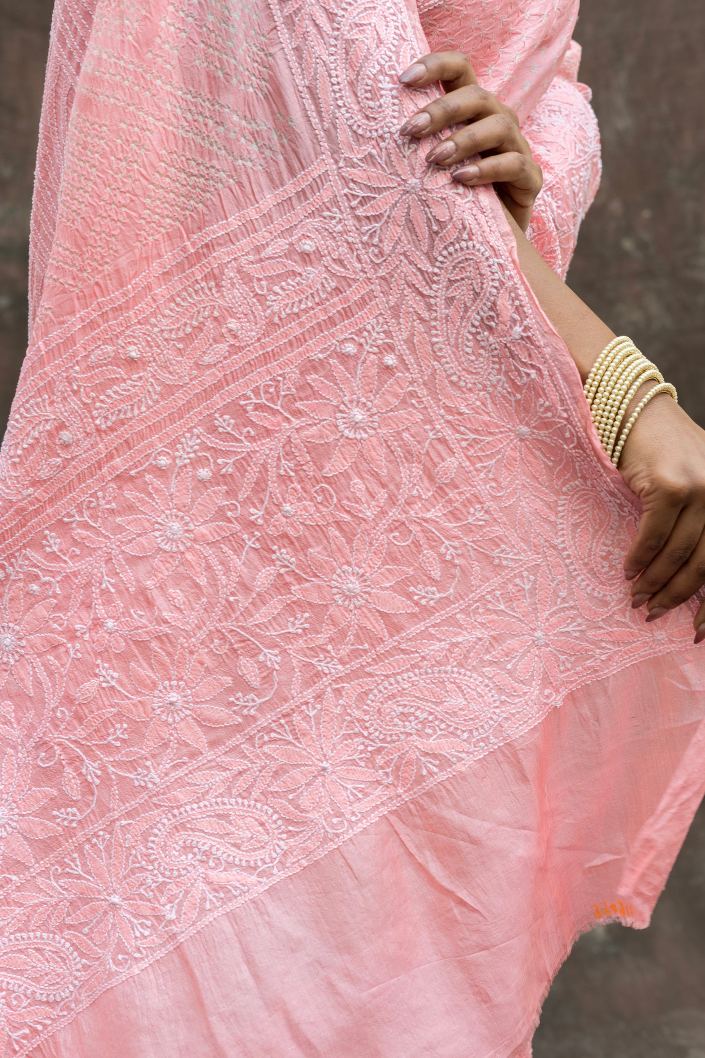 Tussar Lucknowi Pastel Pink Bandhej Saree