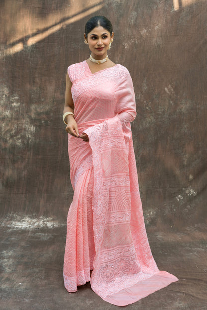 Tussar Lucknowi Pastel Pink Bandhej Saree