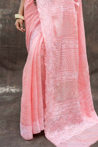 Tussar Lucknowi Pastel Pink Bandhej Saree