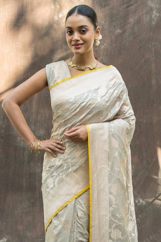 Light Grey Jaal Katan Saree
