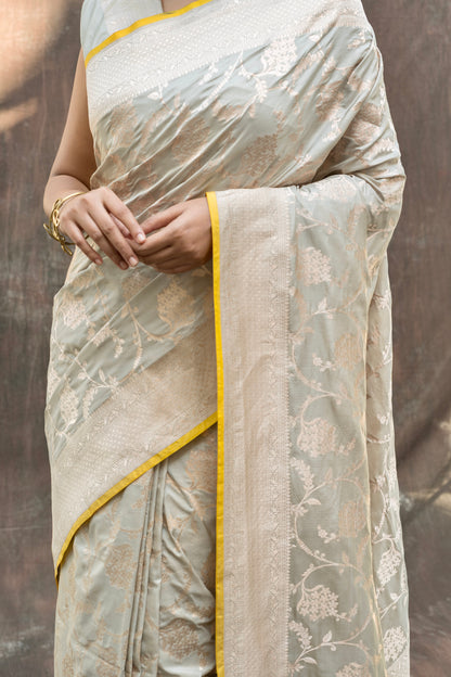 Light Grey Jaal Katan Saree