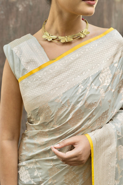 Light Grey Jaal Katan Saree