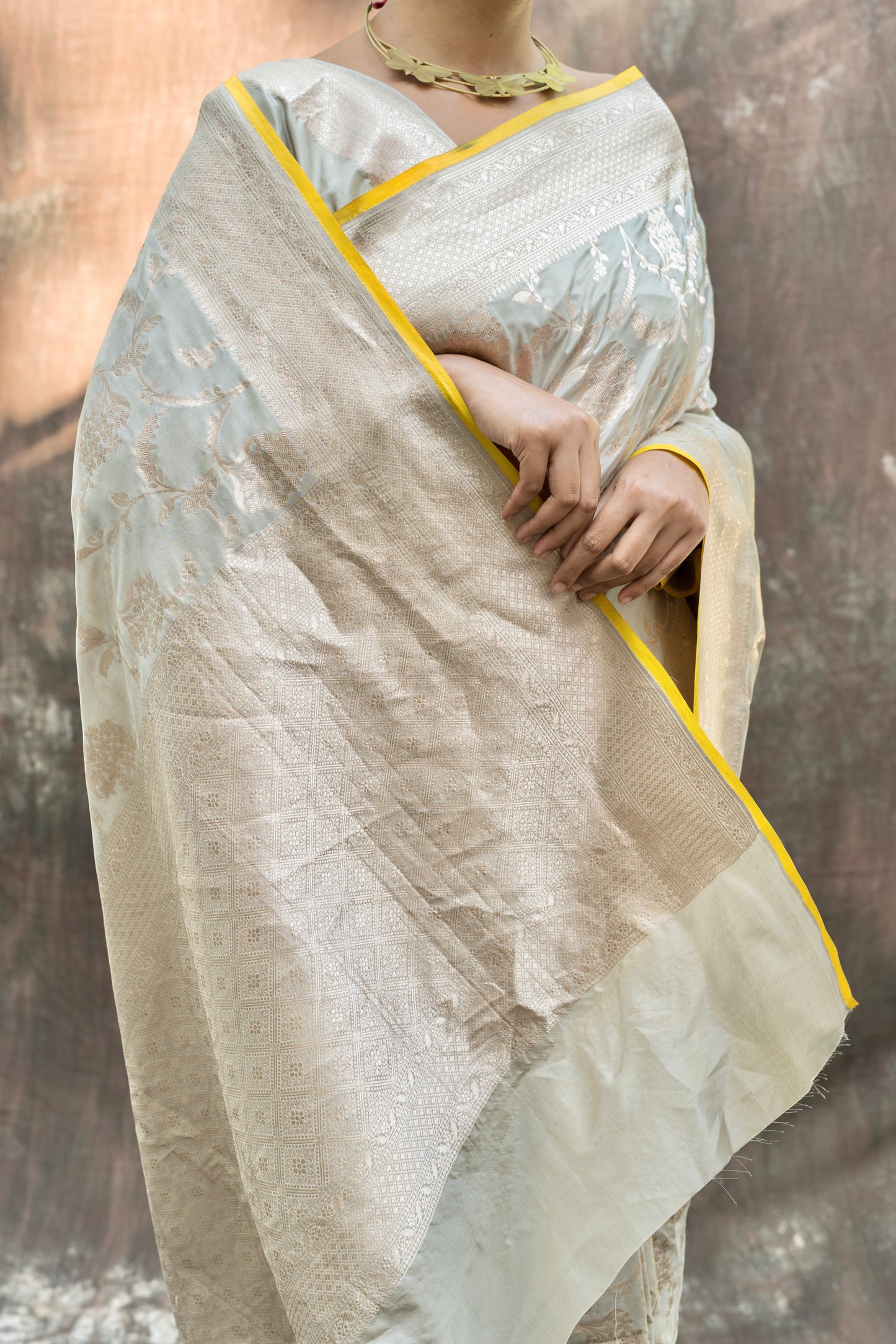 Light Grey Jaal Katan Saree