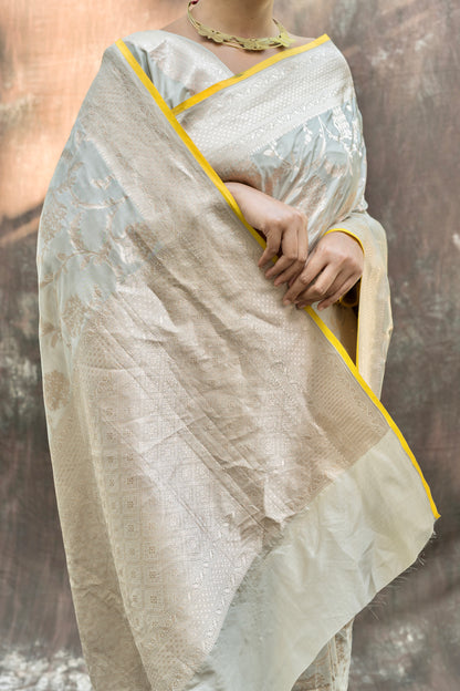 Light Grey Jaal Katan Saree