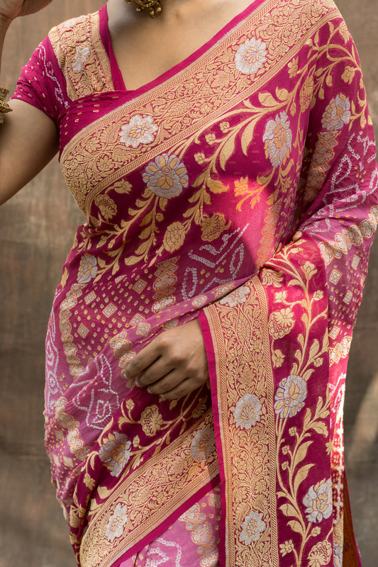 Georgette Sona Rupa Stripes Ombre Onion Pink-Purple Bandhej Saree