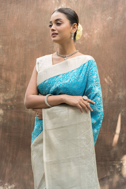 Blue and White Kanjeevaram Saree