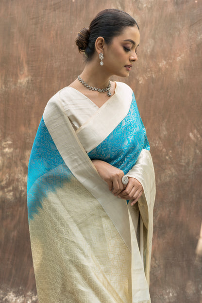 Blue and White Kanjeevaram Saree
