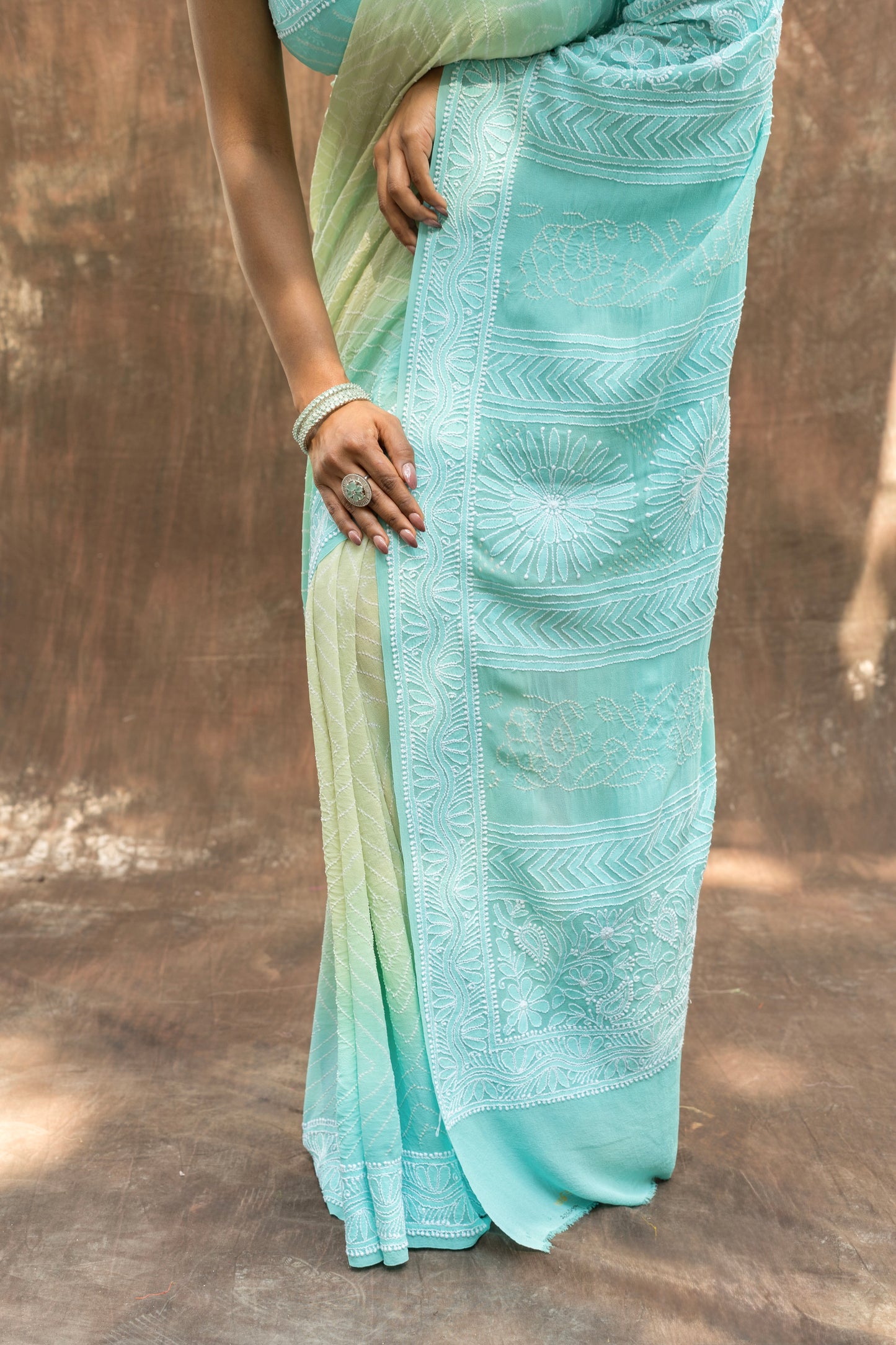 Lucknowi Georgette Ombre Blue-Green Bandhej Saree
