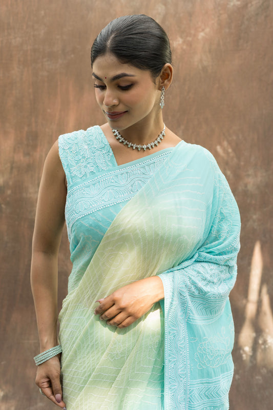 Lucknowi Georgette Ombre Blue-Green Bandhej Saree