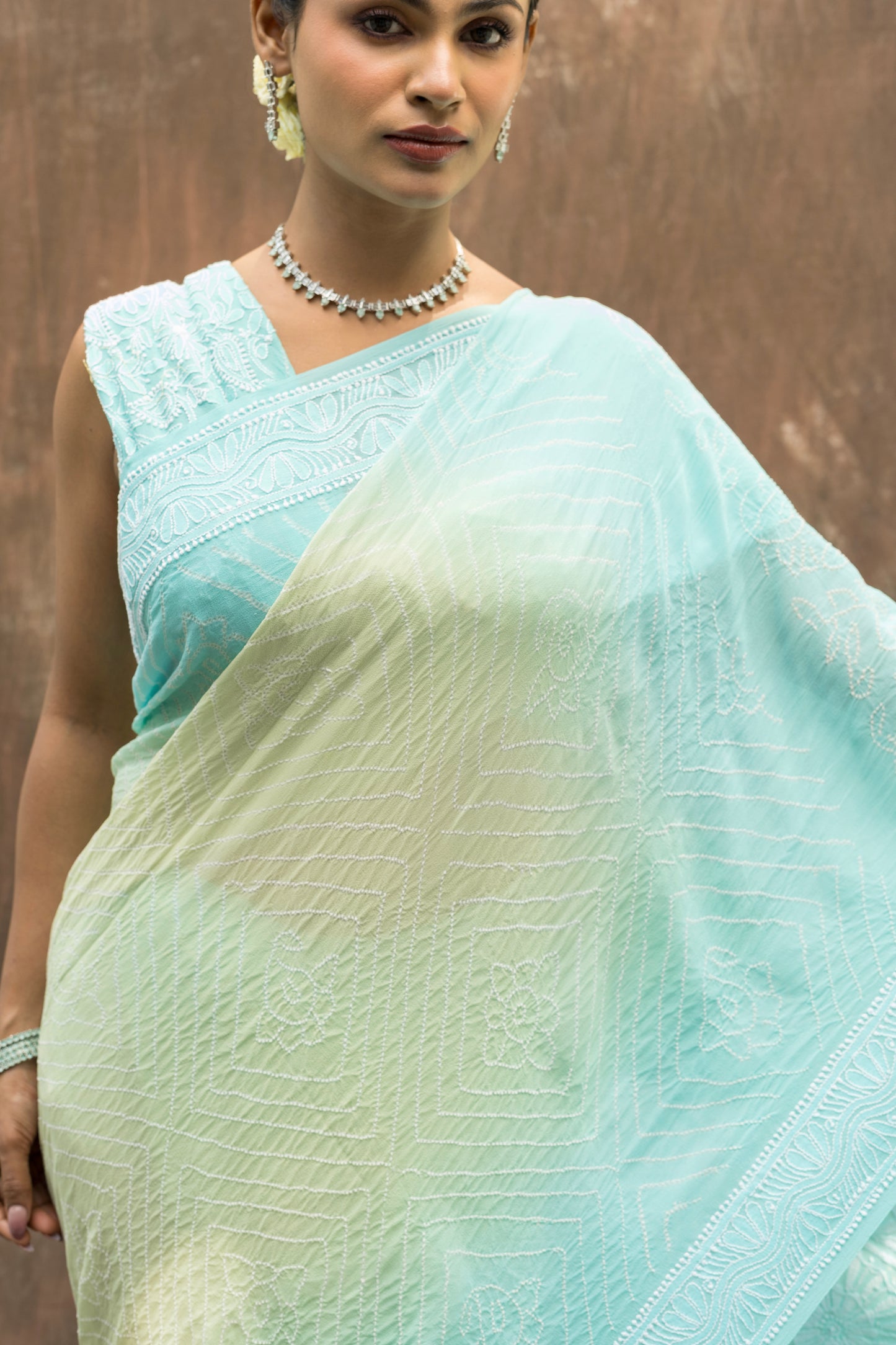 Lucknowi Georgette Ombre Blue-Green Bandhej Saree