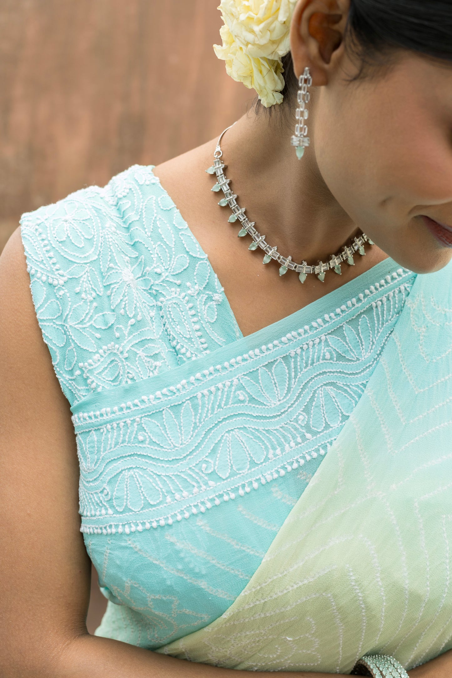 Lucknowi Georgette Ombre Blue-Green Bandhej Saree