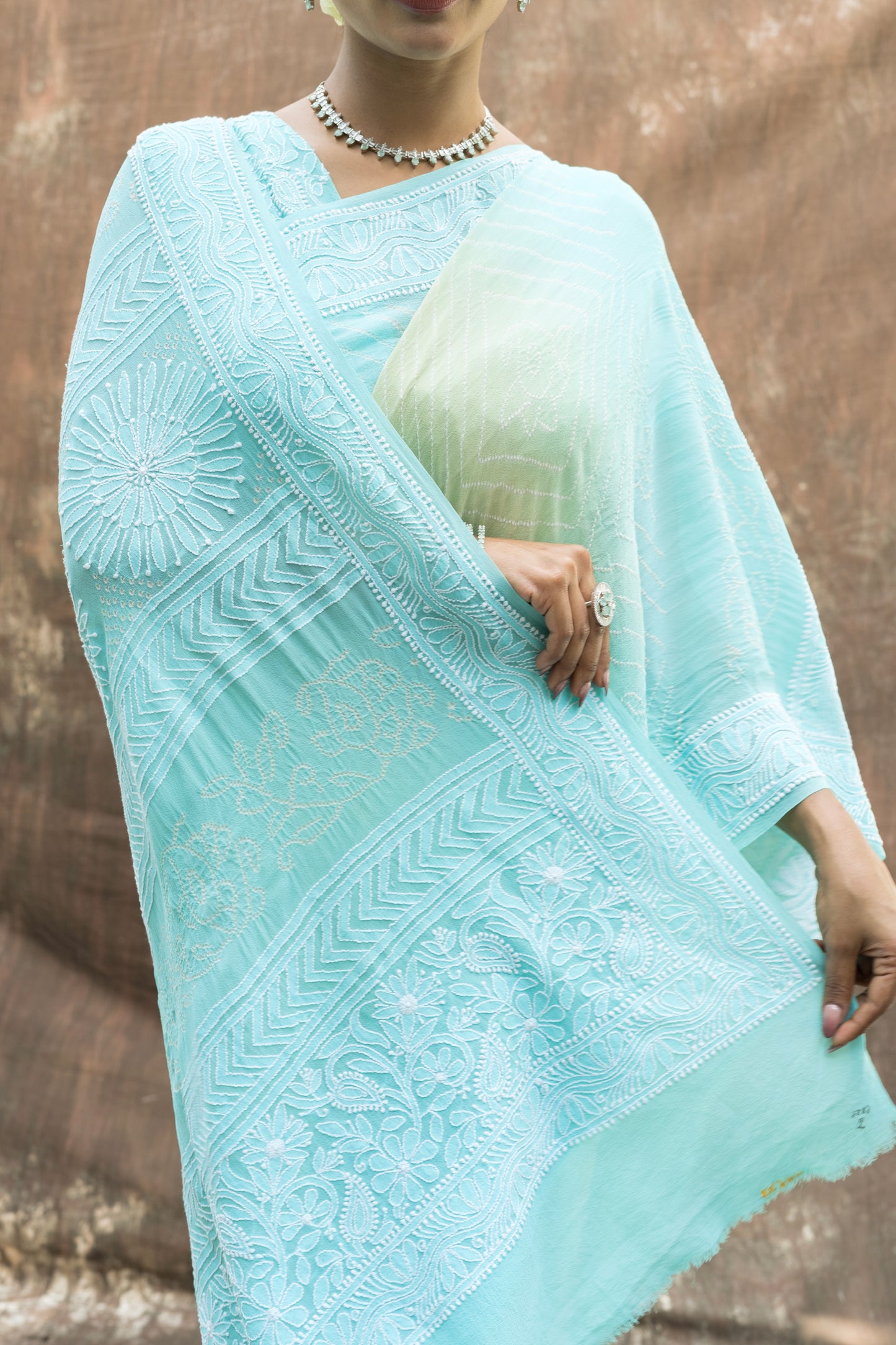 Lucknowi Georgette Ombre Blue-Green Bandhej Saree