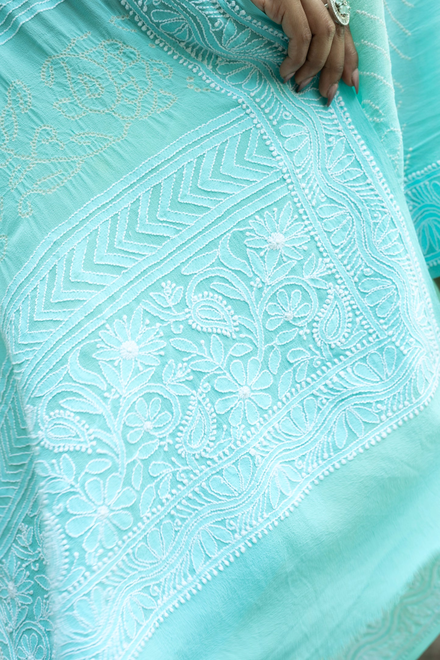 Lucknowi Georgette Ombre Blue-Green Bandhej Saree