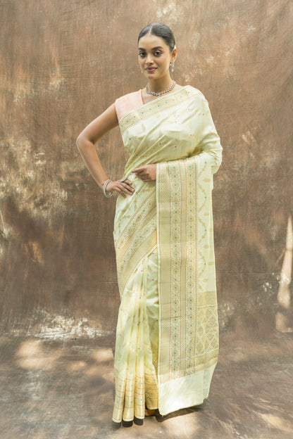 Handloom Chiniya Meenakari Lemon Yellow-Pink Saree