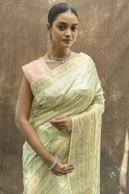 Handloom Chiniya Meenakari Lemon Yellow-Pink Saree