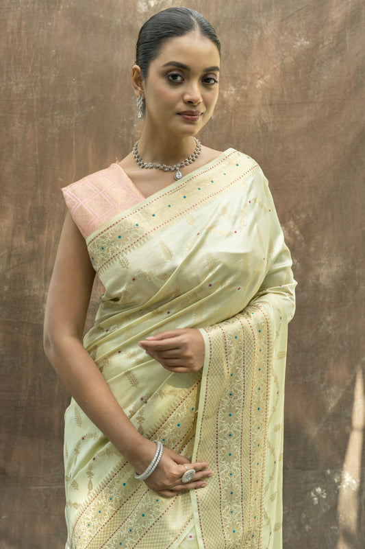 Handloom Chiniya Meenakari Lemon yellow-Pink Saree