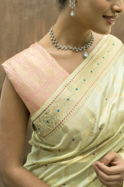 Handloom Chiniya Meenakari Lemon Yellow-Pink Saree