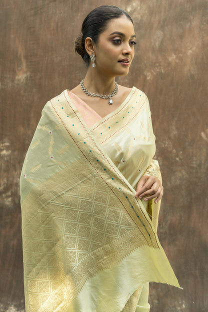 Handloom Chiniya Meenakari Lemon Yellow-Pink Saree