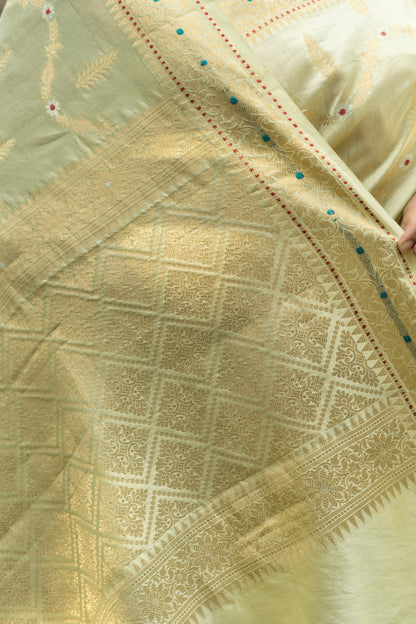 Handloom Chiniya Meenakari Lemon Yellow-Pink Saree