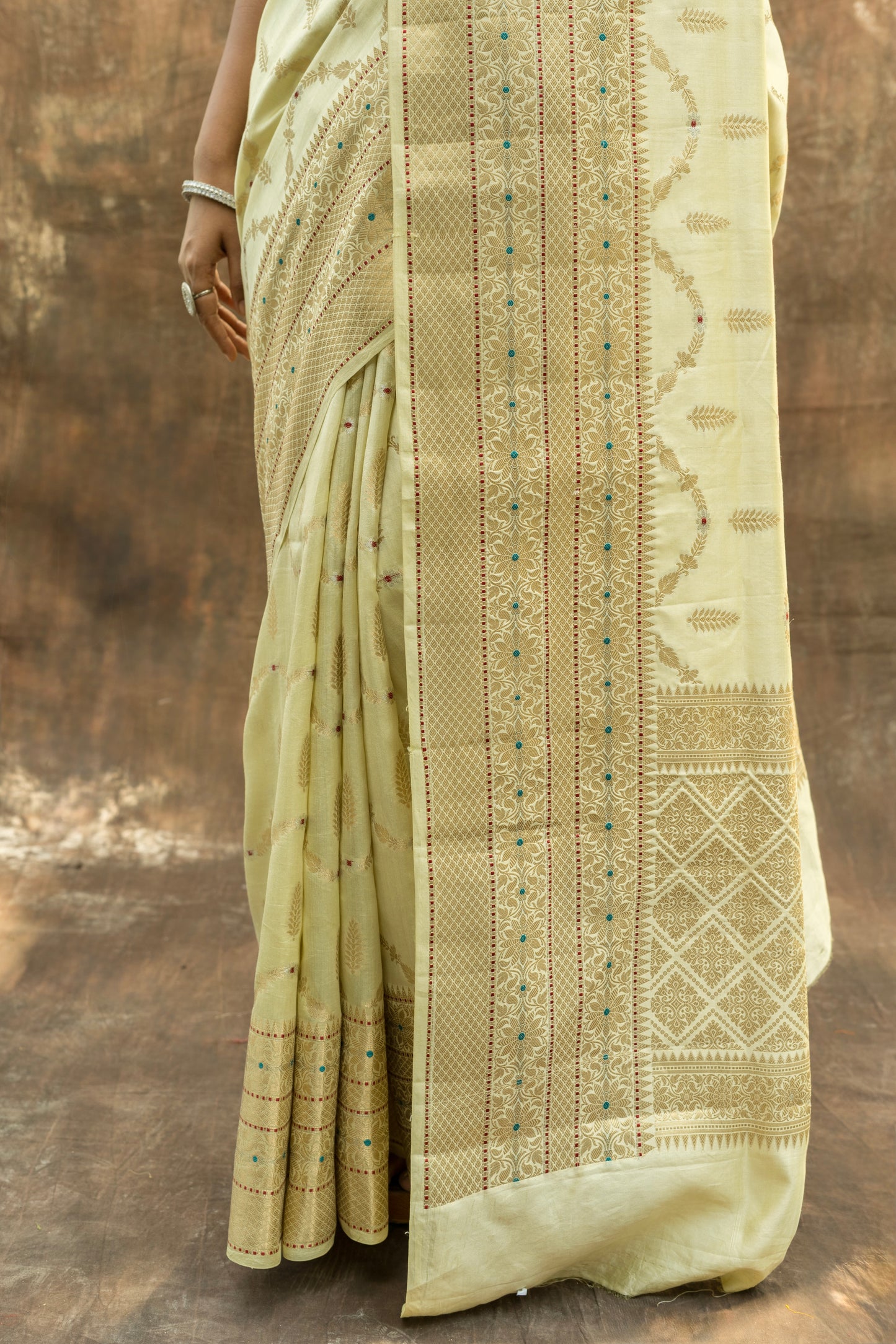 Handloom Chiniya Meenakari Lemon yellow-Pink Saree