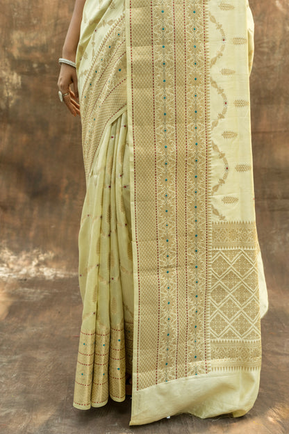 Handloom Chiniya Meenakari Lemon Yellow-Pink Saree