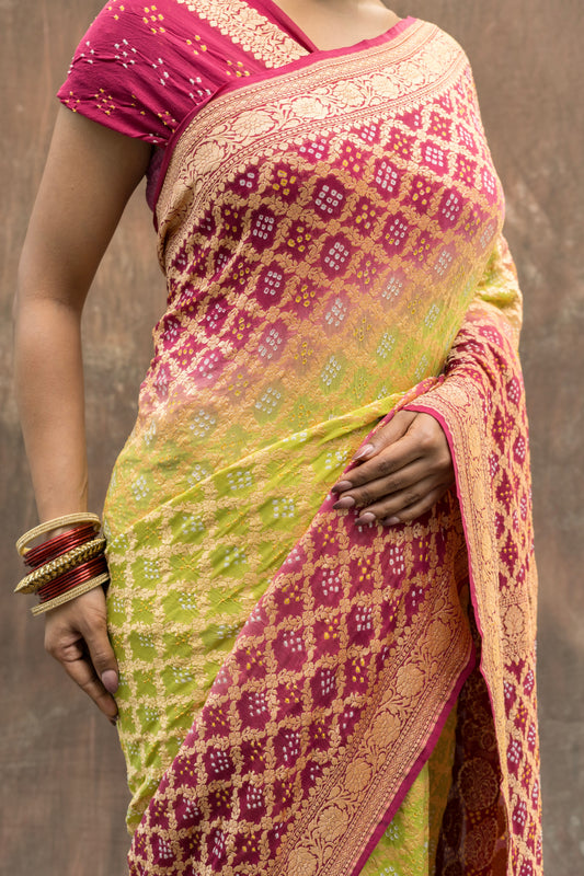 Georgette Neemzari Jangla Rai Dana Green Purple Bandhej Saree