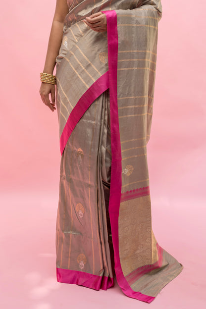 Handloom Satin Silk- Grey Rani Saree