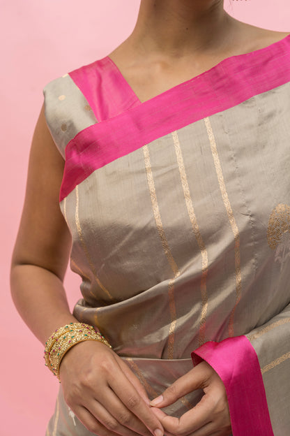 Handloom Satin Silk- Grey Rani Saree