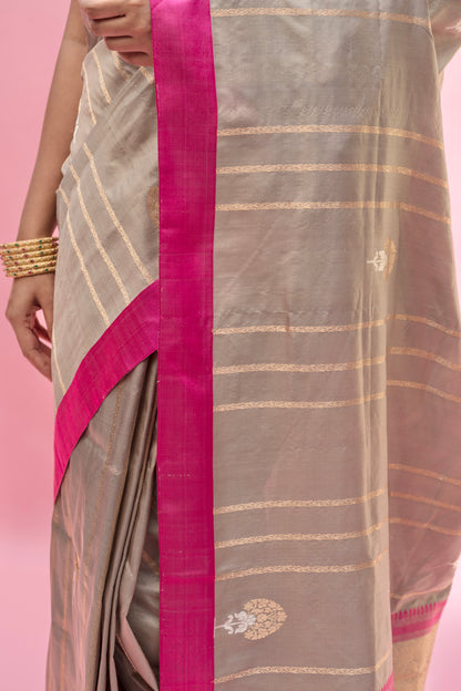 Handloom Satin Silk- Grey Rani Saree