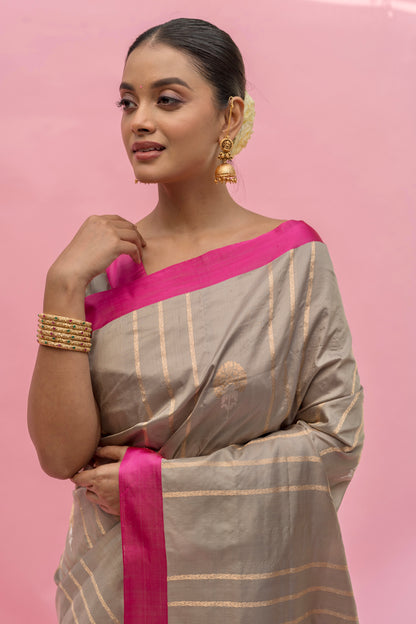 Handloom Satin Silk- Grey Rani Saree