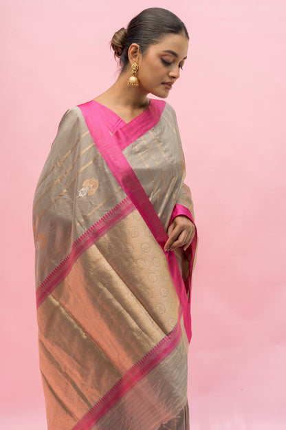 Handloom Satin Silk- Grey Rani Saree