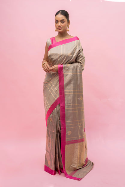 Handloom Satin Silk- Grey Rani Saree