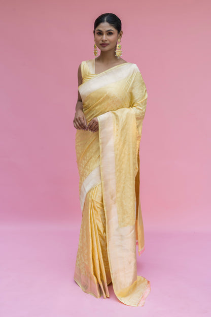 Yellow Floral Tanchoi Saree