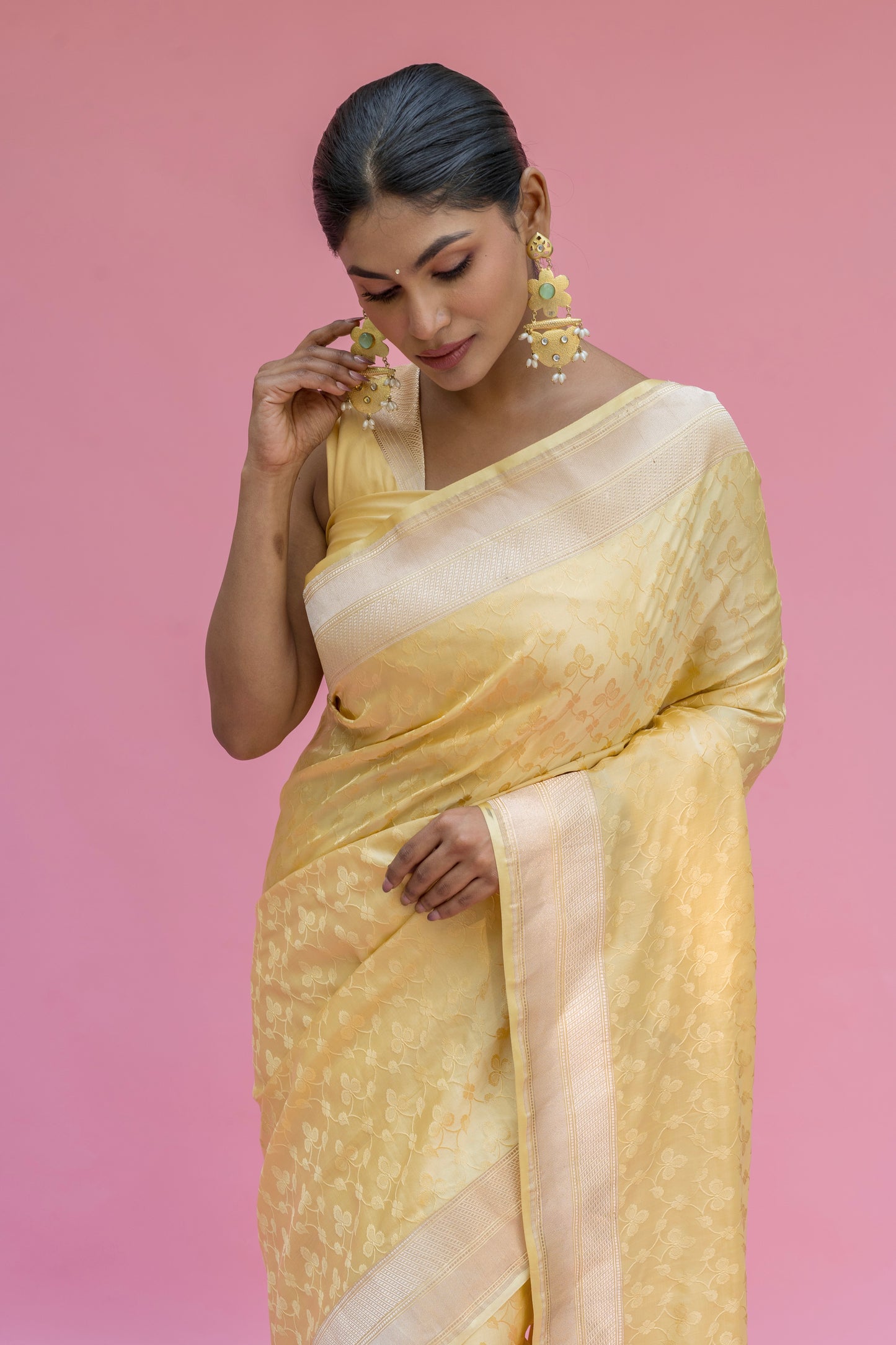 Yellow Floral Tanchoi Saree