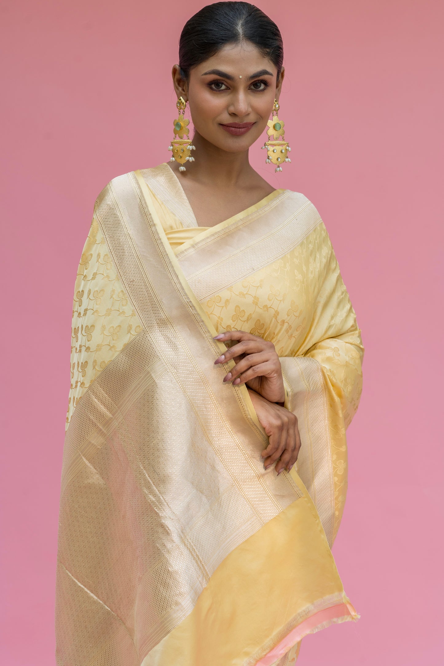 Yellow Floral Tanchoi Saree