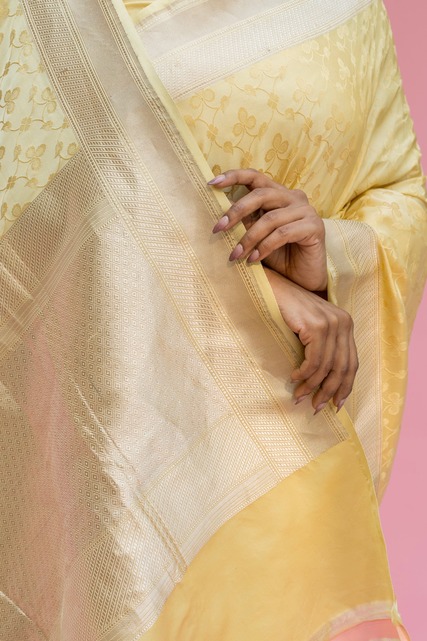 Yellow Floral Tanchoi Saree