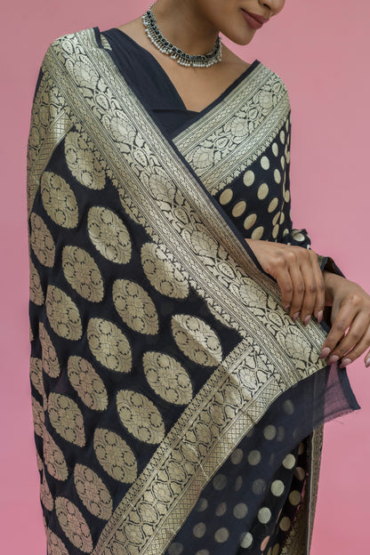 Khaddi Polka Dots Black Saree