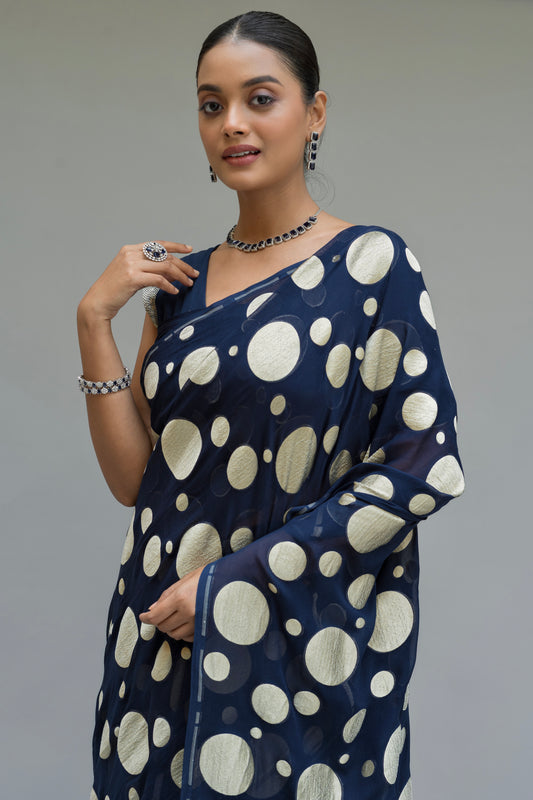 Khaddi Georgette Navy Blue Polka Dots Saree