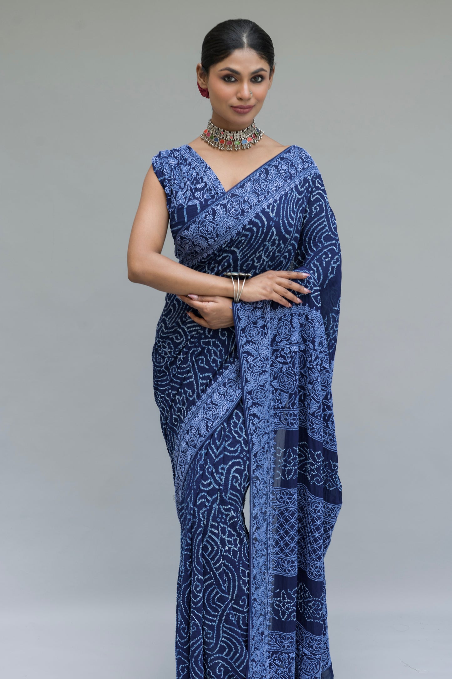 Georgette Lucknowi Rai Dana Royal Blue Bandhej Saree