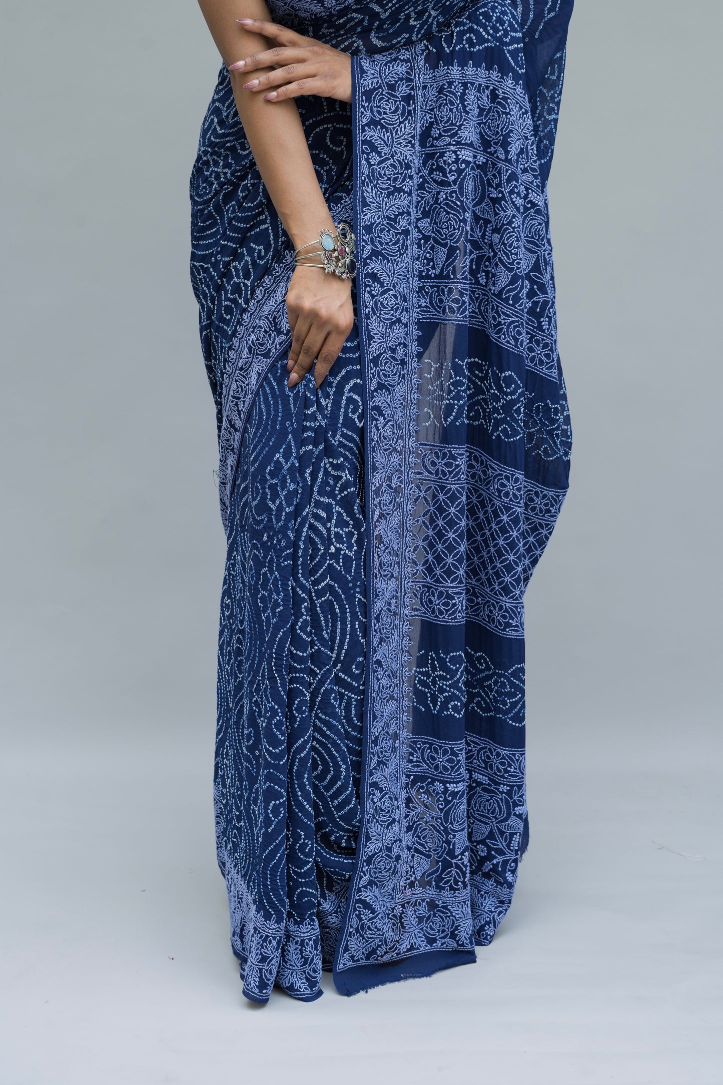 Georgette Lucknowi Rai Dana Royal Blue Bandhej Saree