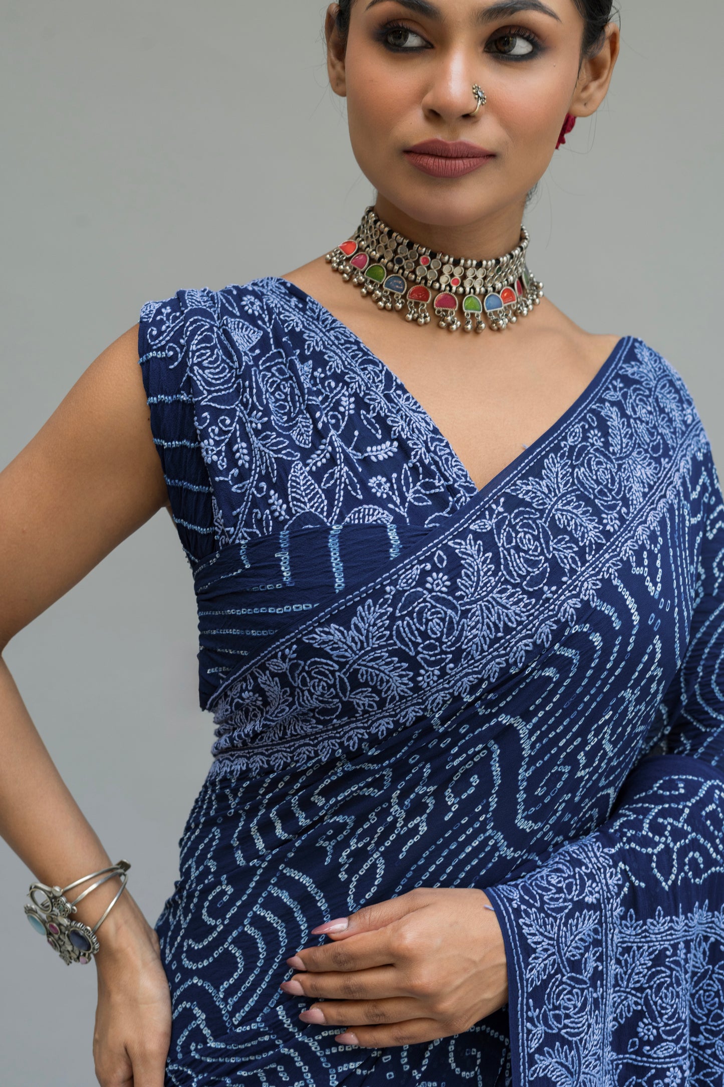 Georgette Lucknowi Rai Dana Royal Blue Bandhej Saree