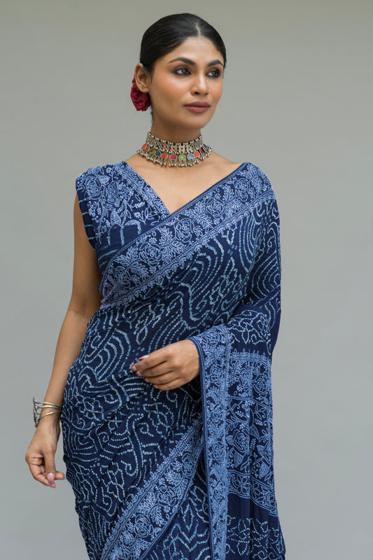 Georgette Lucknowi Rai Dana Royal Blue Bandhej Saree